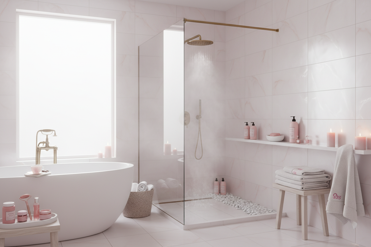 it has to resemble a spa, relax, shower and with a white/pink color base